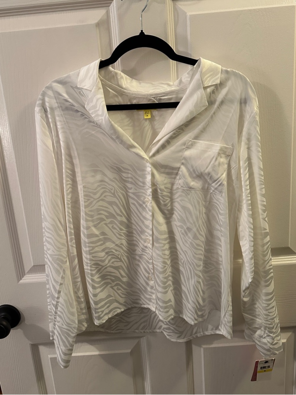 Shady Lady Lightweight Sheer Zebra-Print Button Front Blouse — White/Cream